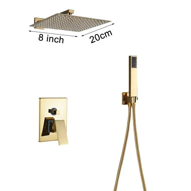 Rozin Ensemble Douche Pluie Carrée Or Encastrée – 8"/10"/12" au Choix, Mitigeur Caché & Bec Baignoire | Salle de Bain Luxe