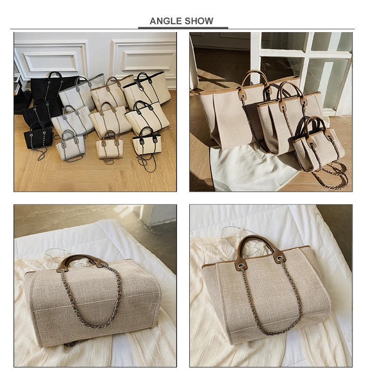 Tote Bag Femme Toile Grande Capacité – Cabas Shopping Chaînes Épaule Messenger Casual