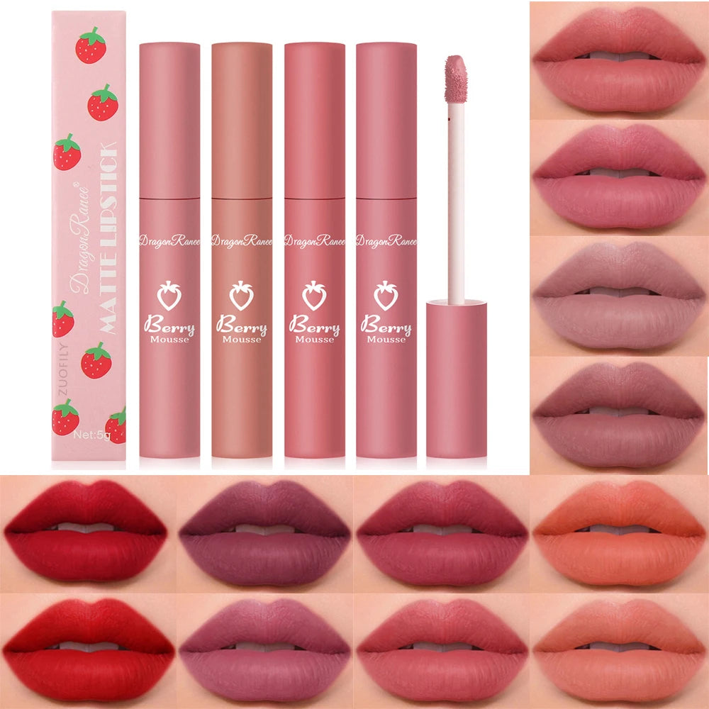 Gloss Lèvres Mat 12 Couleurs Berry Mousse – Glaçure Velours Waterproof Longue Tenue | Rouge à Lèvres Sexy Cosmétique