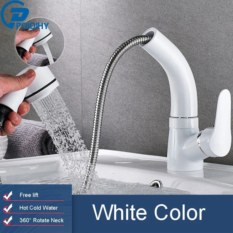POIQIHY Robinet Lavabo Extractible Noir – Mitigeur Chaud Froid, Rotation 360°, Bec Relevable | Chrome & Noir Salle de Bain