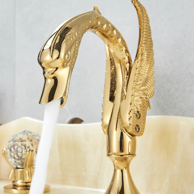 Rozin Robinet Lavabo Cygne Or Luxe – Double Poignée Cristal, Mitigeur Eau Chaude & Froide | Pièce Maîtresse Salle de Bain