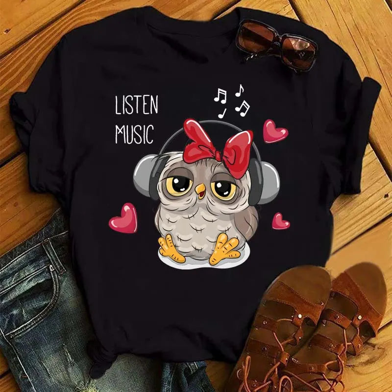 T-Shirt Femme Hibou Kawaii 🦦 – Style Harajuku Japonais | Graphic Tee Cute Manches Courtes