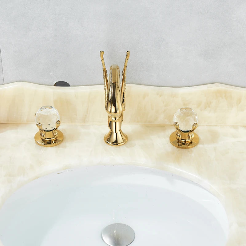 Rozin Robinet Lavabo Cygne Or Luxe – Double Poignée Cristal, Mitigeur Eau Chaude & Froide | Pièce Maîtresse Salle de Bain