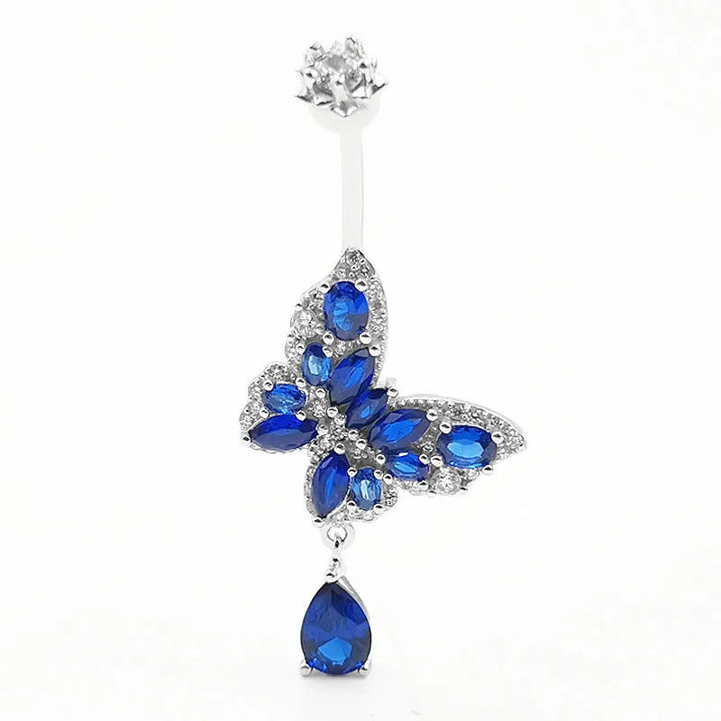 Piercing Nombril Argent 925 Véritable Papillon Zircon Blanc & Bleu – Anneau Nombril Femme Premium | Body Jewelry Fin, Élégant & Hypoallergénique