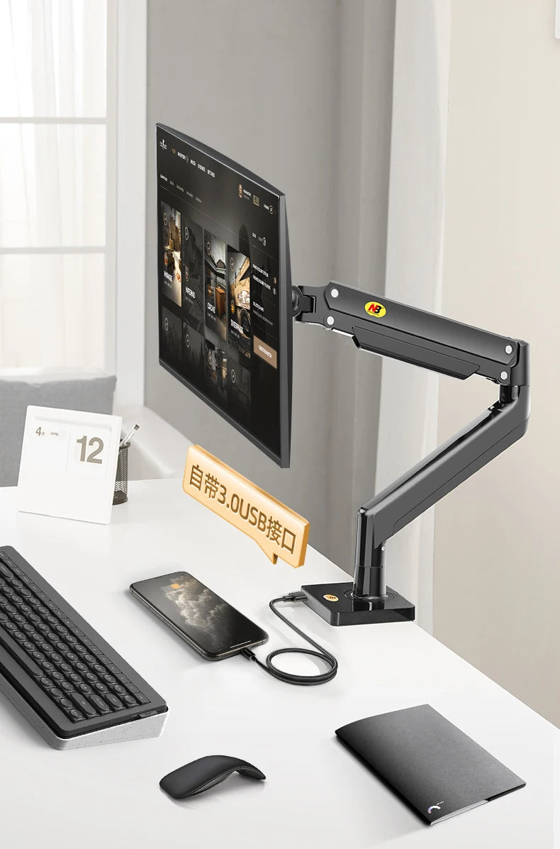 NB G40 Bras Articulé Moniteur 22''-40'' – Ressort à Gaz 360°, 3-15kg, Port USB 3.0 | Support Bureau Pince & Grommet