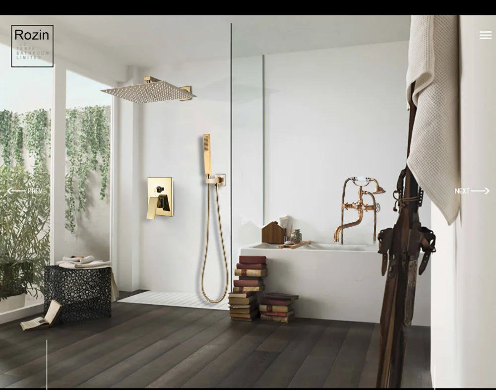 Rozin Ensemble Douche Pluie Carrée Or Encastrée – 8"/10"/12" au Choix, Mitigeur Caché & Bec Baignoire | Salle de Bain Luxe