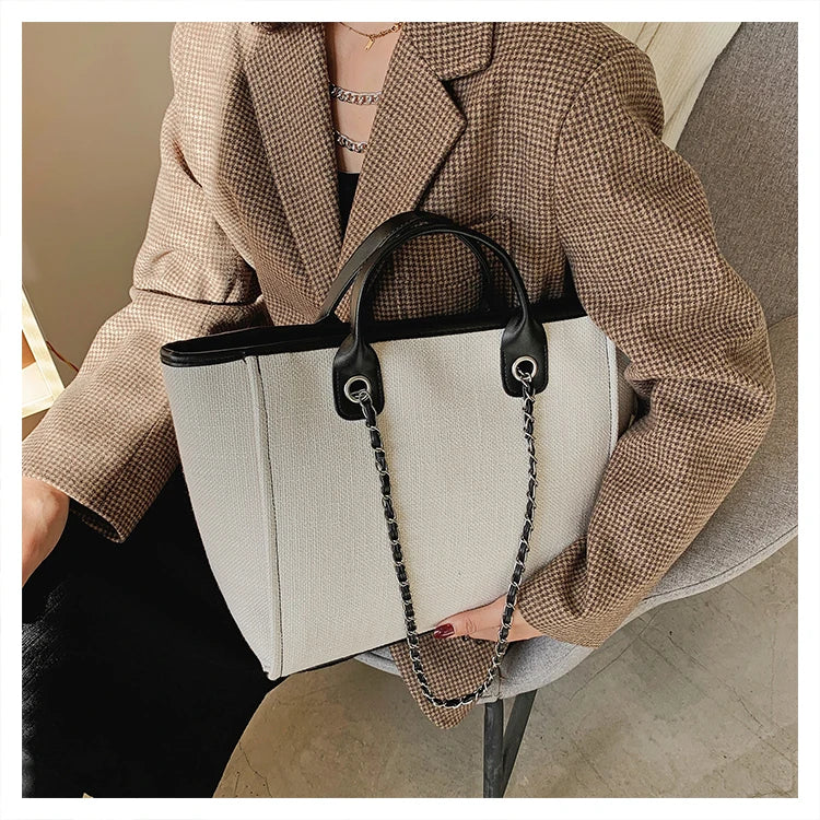 Tote Bag Femme Toile Grande Capacité – Cabas Shopping Chaînes Épaule Messenger Casual