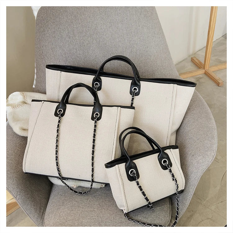 Tote Bag Femme Toile Grande Capacité – Cabas Shopping Chaînes Épaule Messenger Casual