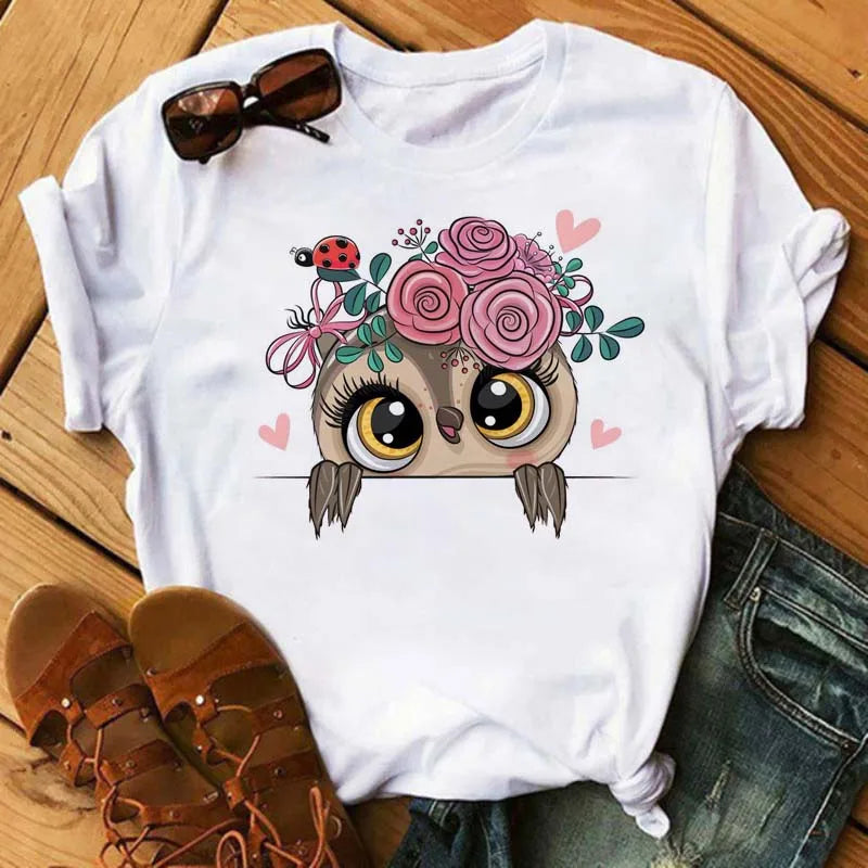 T-Shirt Femme Hibou Kawaii 🦦 – Style Harajuku Japonais | Graphic Tee Cute Manches Courtes