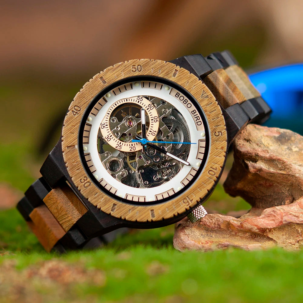 Montre Homme BOBO BIRD Bois Mécanique Luxe – Grand Cadran Top Brand Naturel Unique