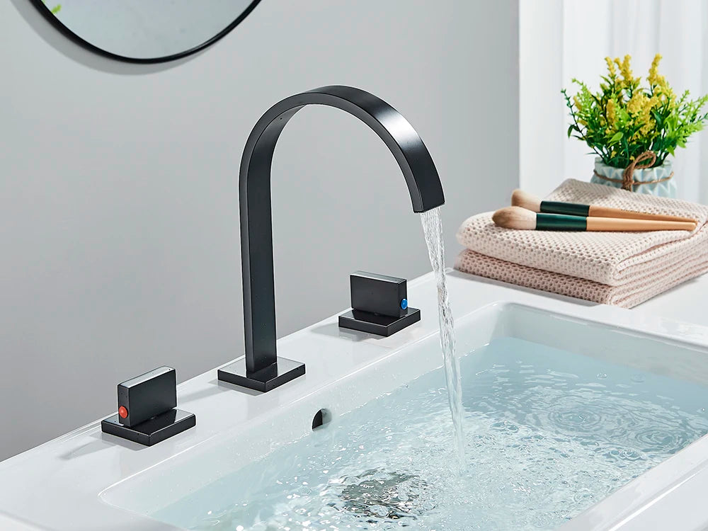 Robinet Lavabo Noir 3 Trous Double Poignée – Mitigeur Eau Chaude & Froide, Chrome | Vasque Salle de Bain