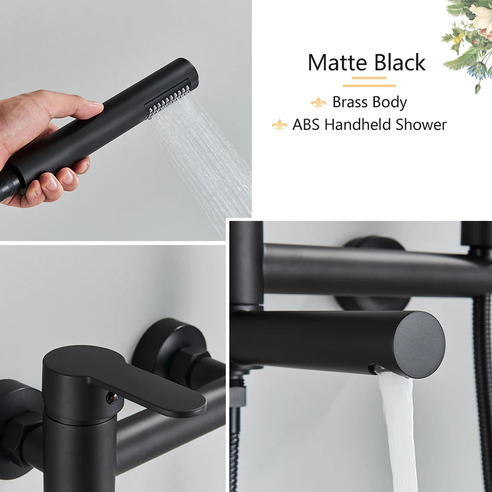 Rozin Robinet Baignoire Mural Noir & Or – Bec Pivotant en Laiton, Mitigeur Douche Complet | Salle de Bain Luxe