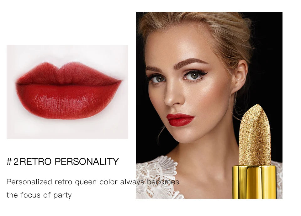 Rouge à Lèvres Glitter Hydratant Velours Mat Or – Waterproof Longue Tenue | Lèvres Brillantes Rouge Sexy Cosmétique Pigmenté