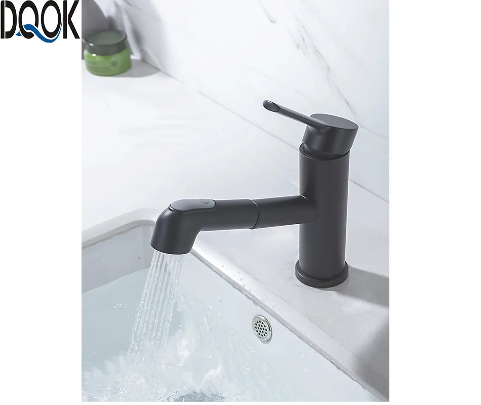 DQOK Robinet Lavabo Extractible Chrome & Noir – Laiton, Douchette Escamotable, Mitigeur Moderne | Vasque Salle de Bain