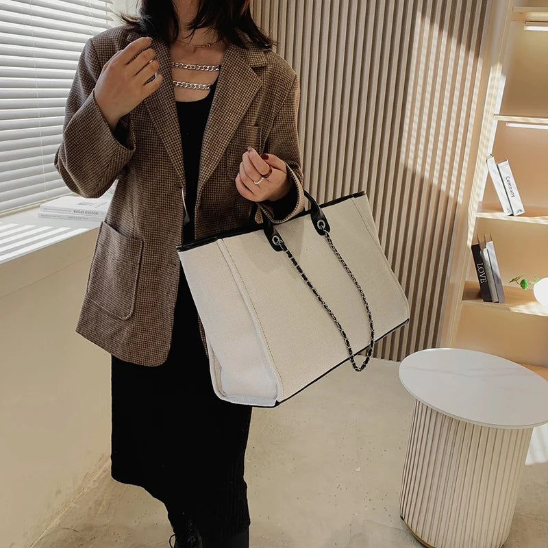 Tote Bag Femme Toile Grande Capacité – Cabas Shopping Chaînes Épaule Messenger Casual