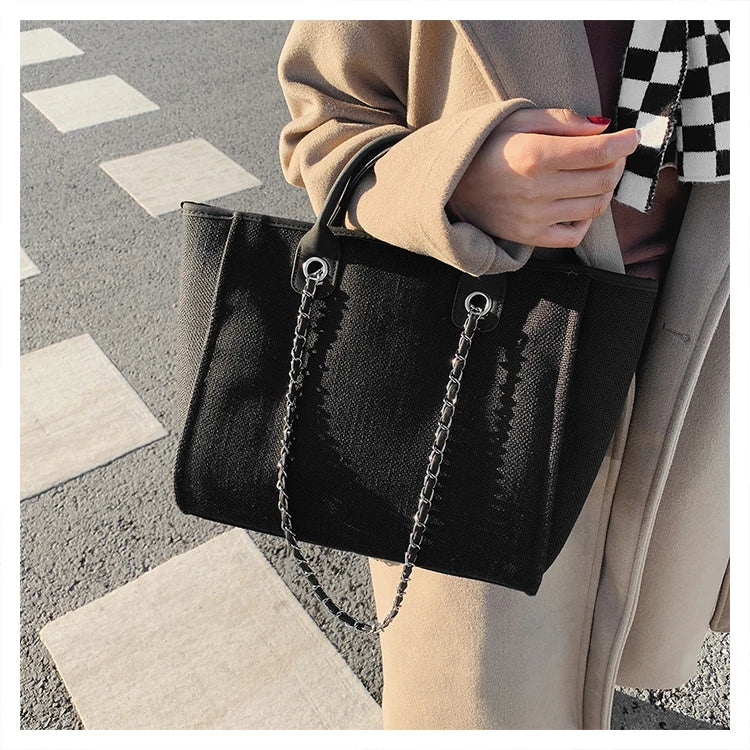 Tote Bag Femme Toile Grande Capacité – Cabas Shopping Chaînes Épaule Messenger Casual