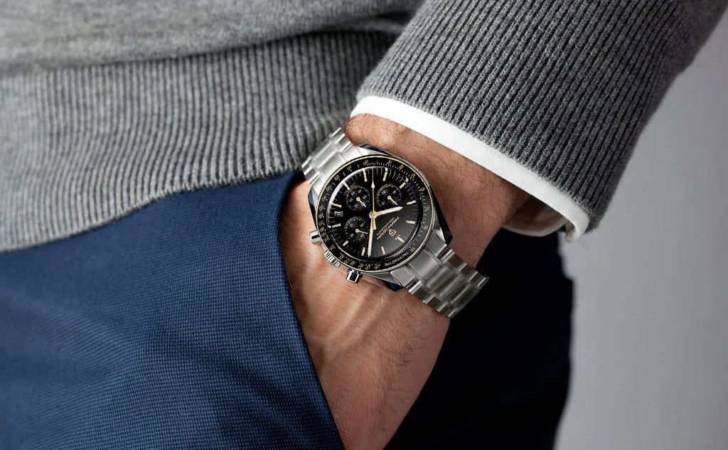Montre Homme PAGANI DESIGN 2025 Lune Or Argent Quartz – Chronographe Saphir AR Date Auto