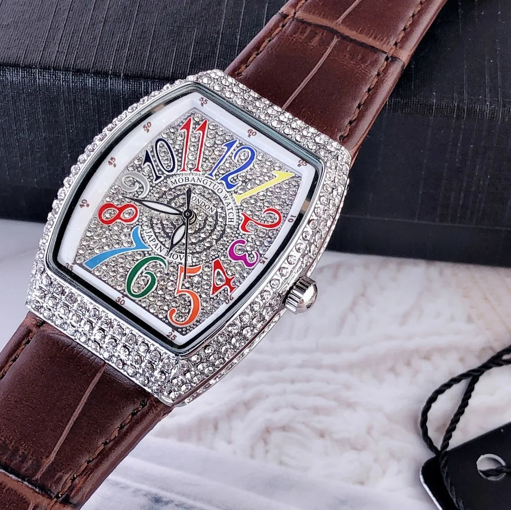 Damen Luxus Diamant Kristall Rechteckiges Zifferblatt Bunt Leder Quarz Uhr – Einzigartiges Elegantes Design