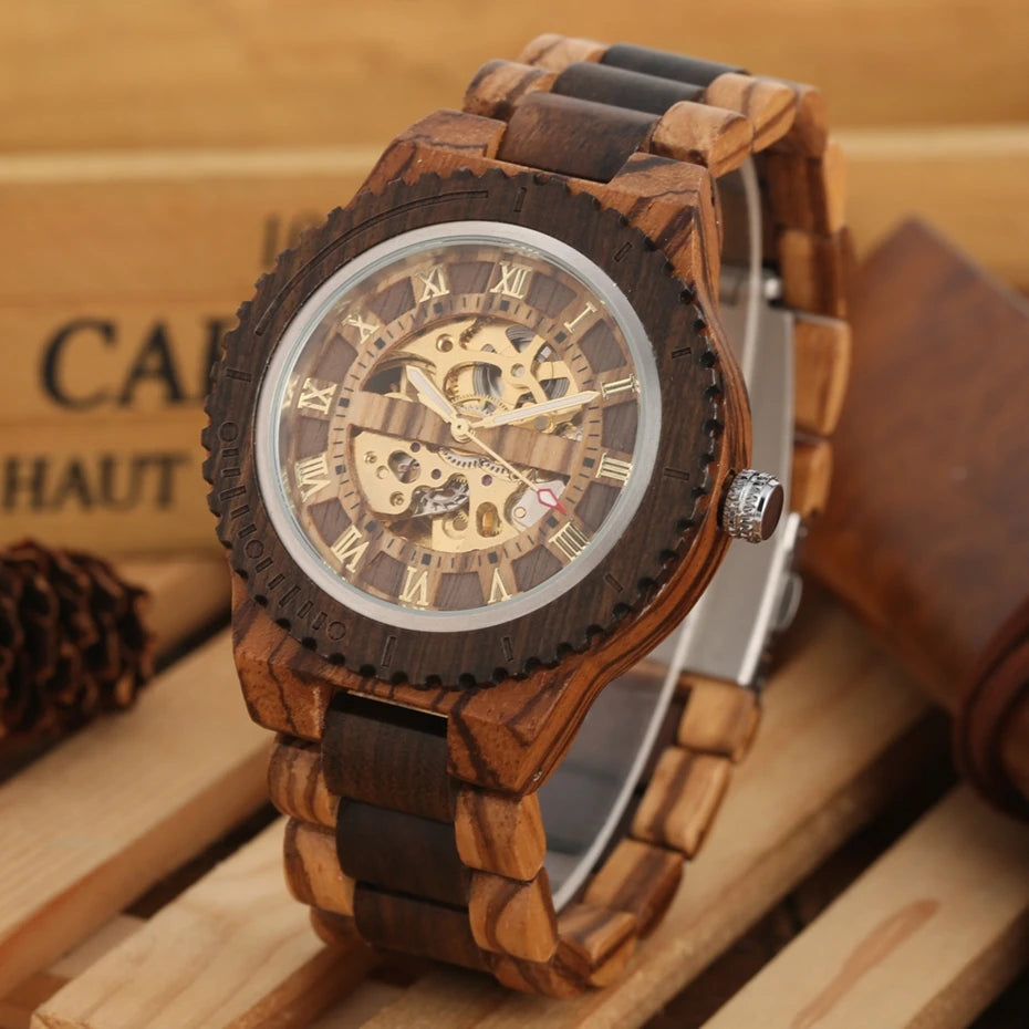 Montre Homme Luxe Mécanique Automatique Bois Bracelet Réglable – Fashion Éco-Responsable Unique