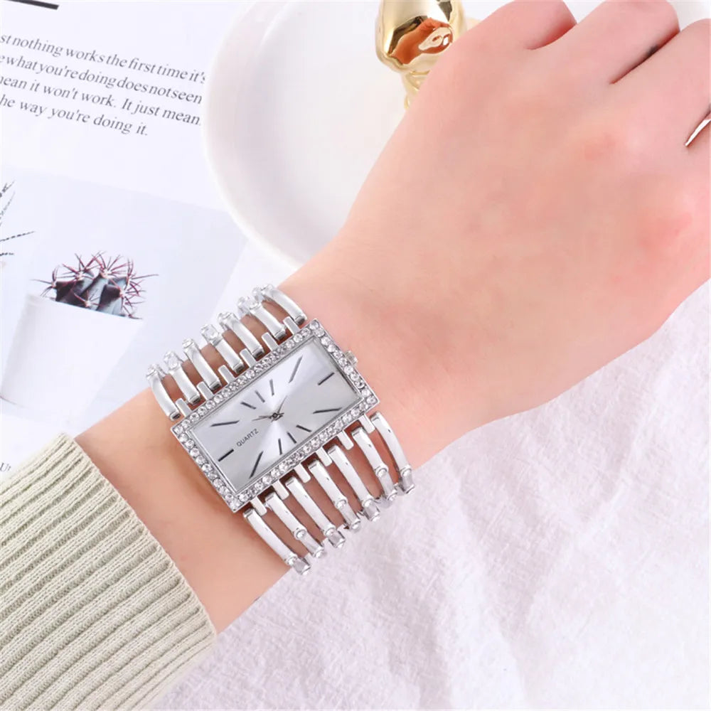 Montre Femme Diamant Rectangle Or 2025 – Bracelet Alliage Doré Quartz Luxe Cadeau