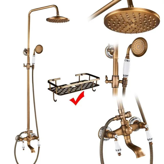 Rozin Ensemble Douche Antique Laiton Mural – Double Poignée, Douchette & Étagère Intégrée | Mitigeur Style Vintage