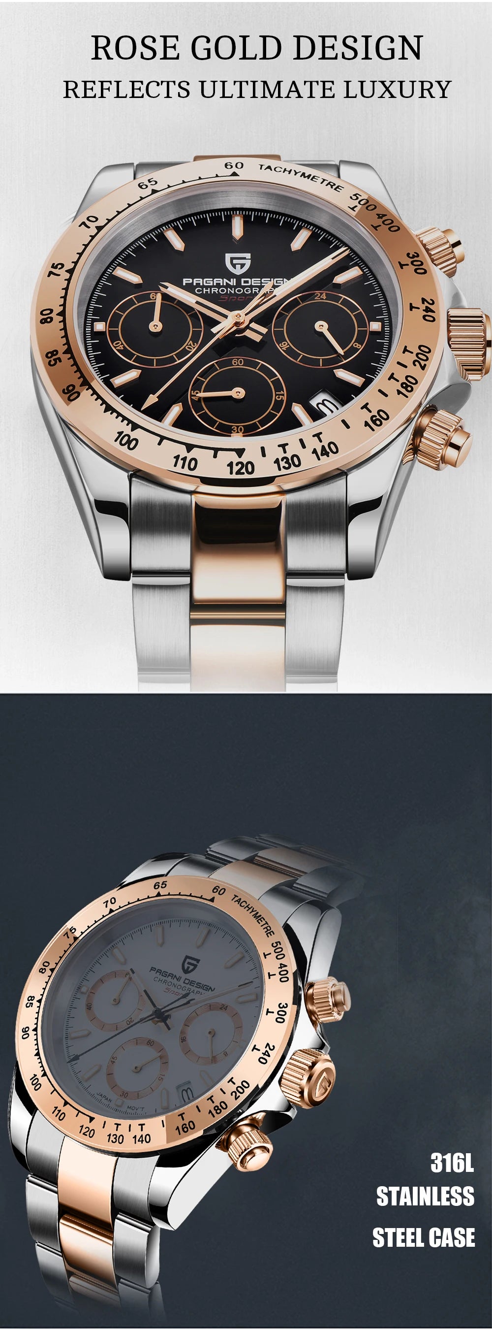 Montre Homme PAGANI DESIGN 2023 Noire Quartz Luxe – Chronographe Sport Étanche Lumineux