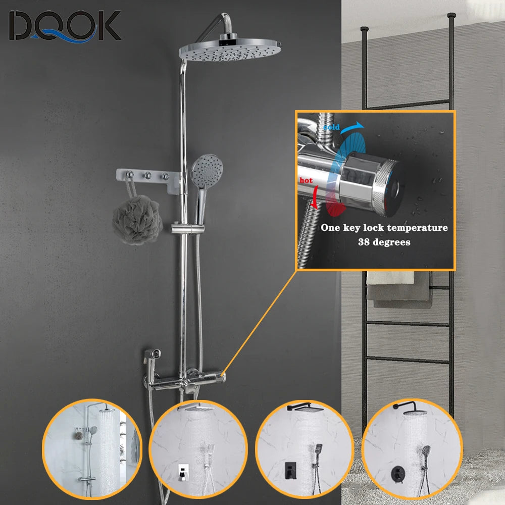DQOK Ensemble Douche Thermostatique Chrome – Cascade & Pluie, Mitigeur Baignoire | Système Douche Complet