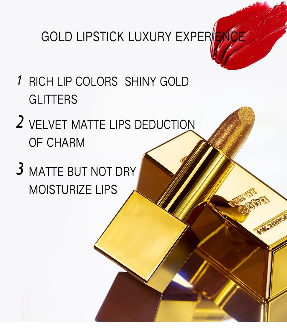 Rouge à Lèvres Glitter Hydratant Velours Mat Or – Waterproof Longue Tenue | Lèvres Brillantes Rouge Sexy Cosmétique Pigmenté
