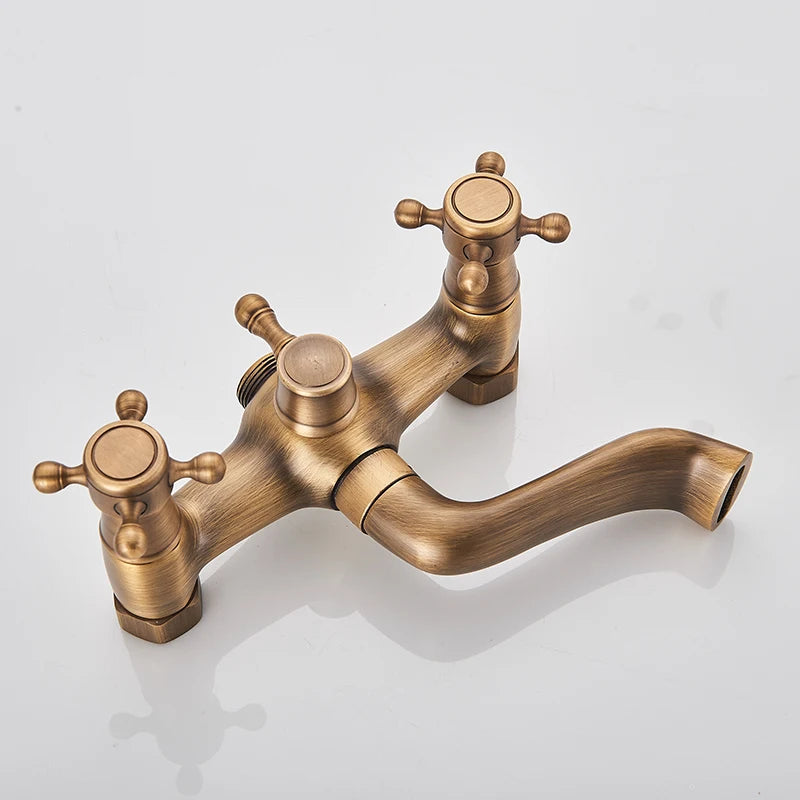 Robinet Baignoire Ìlot Sol Laiton Antique – Double Poignée, Bec Pivotant & Douchette | Style Vintage Salle de Bain