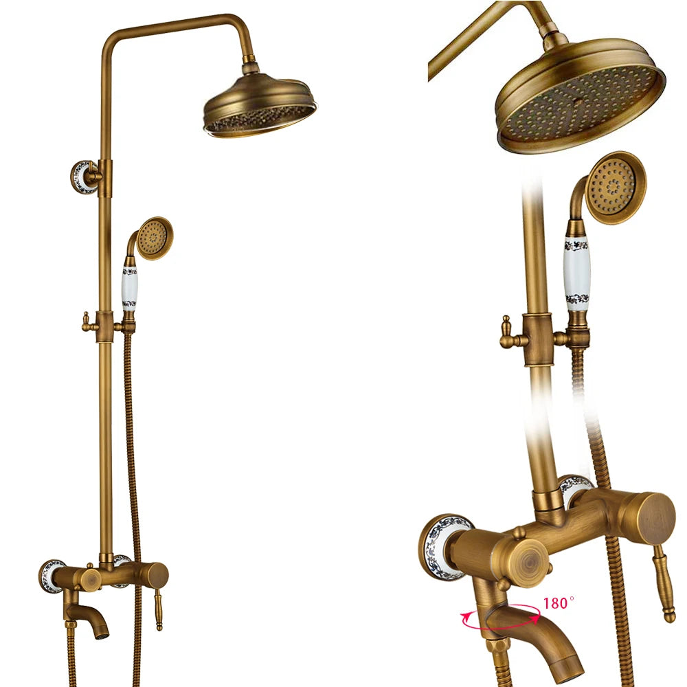 Rozin Ensemble Douche Antique Laiton Mural – Double Poignée, Douchette & Étagère Intégrée | Mitigeur Style Vintage