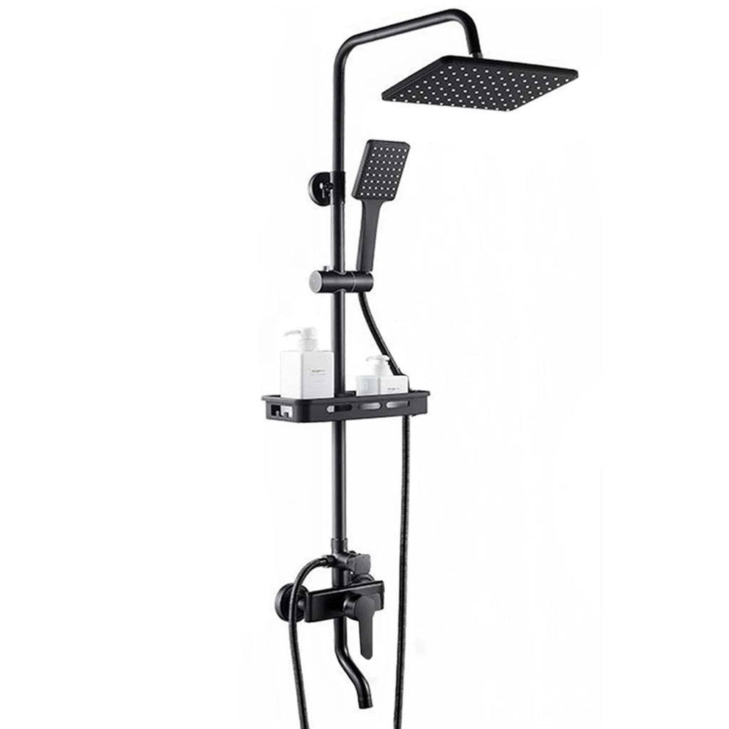 JETEVEVEN Ensemble Douche Pluie Mural Noir Mat – 3 Voies, Étagère Intégrée, Mitigeur Baignoire | Système Douche Complet
