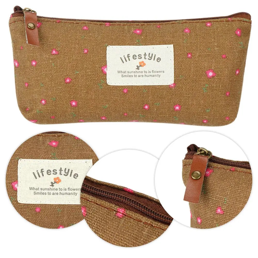 Trousse À Crayons Florale Canvas – Pochette Papeterie Mignonne Style Champêtre École
