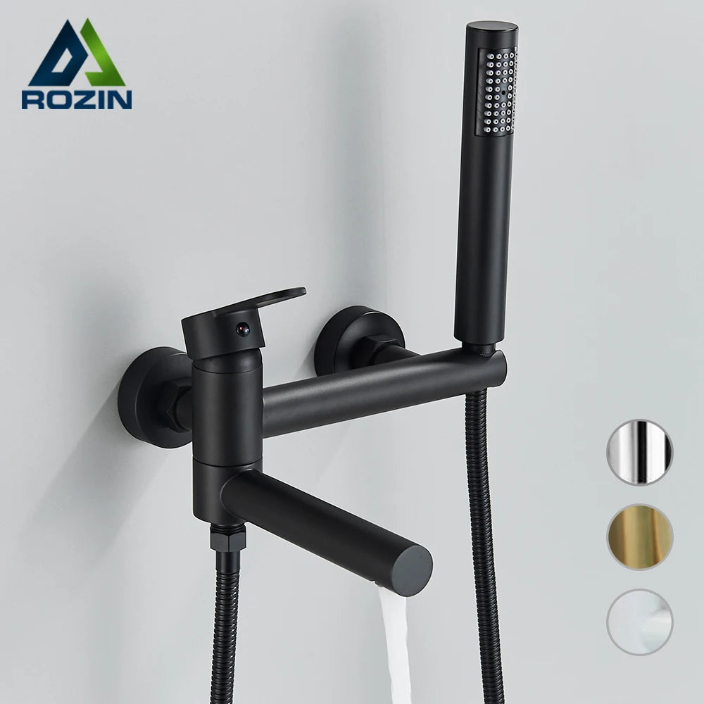 Rozin Robinet Baignoire Mural Noir & Or – Bec Pivotant en Laiton, Mitigeur Douche Complet | Salle de Bain Luxe