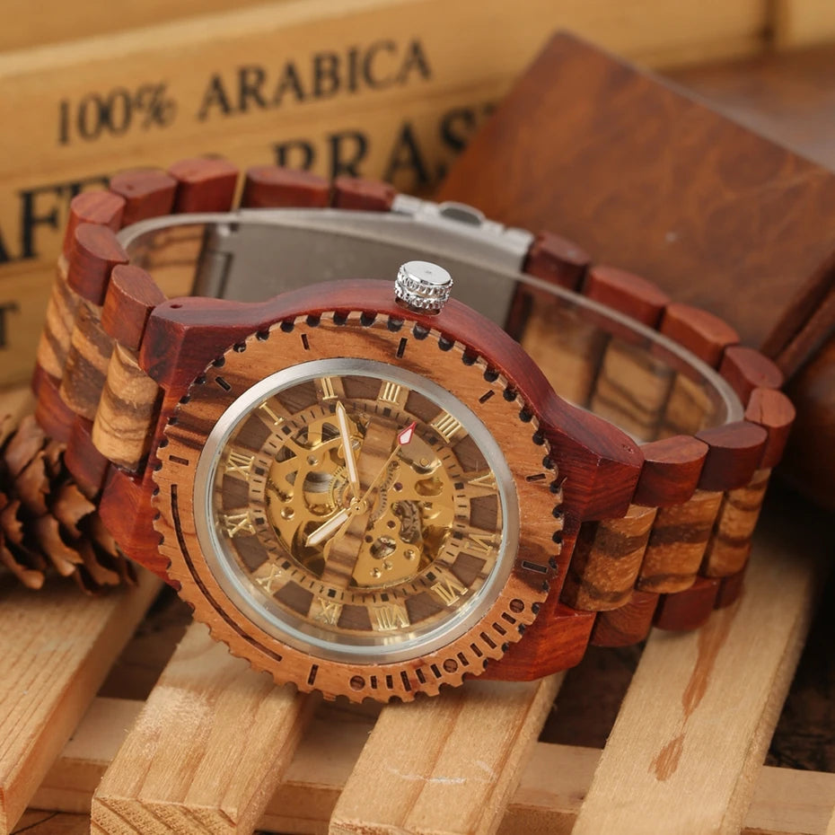 Montre Homme Luxe Mécanique Automatique Bois Bracelet Réglable – Fashion Éco-Responsable Unique