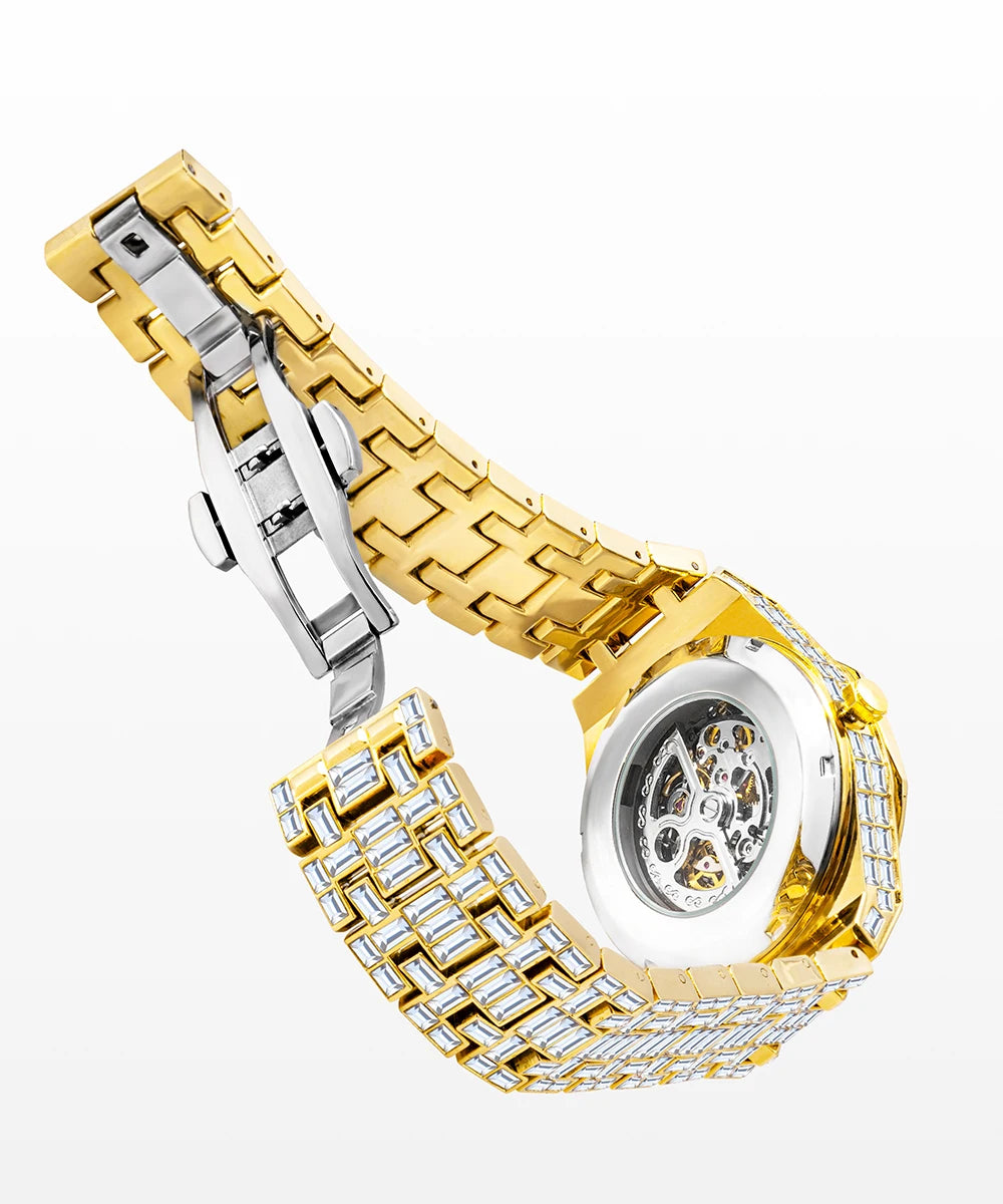 Montre Homme Squelette Or Baguette Automatique – Diamond Lumineux Luxe Étanche Collector