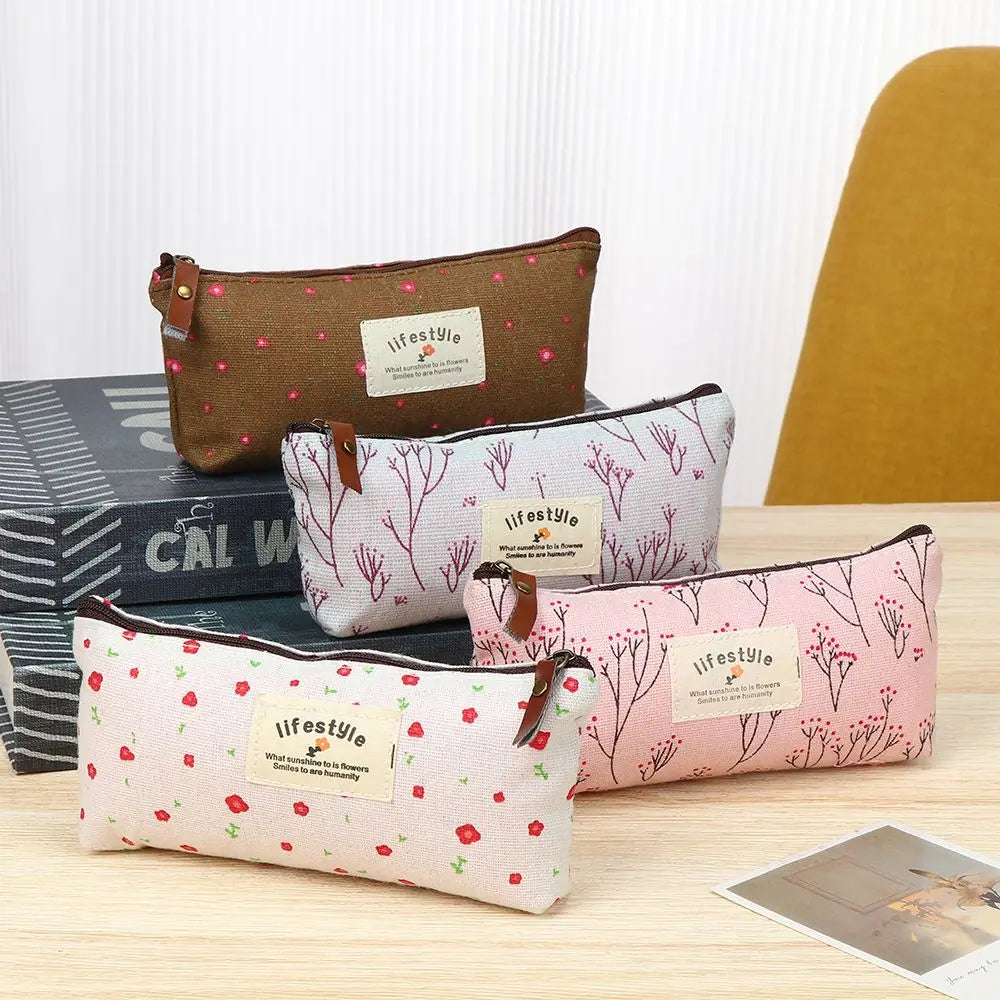 Trousse À Crayons Florale Canvas – Pochette Papeterie Mignonne Style Champêtre École