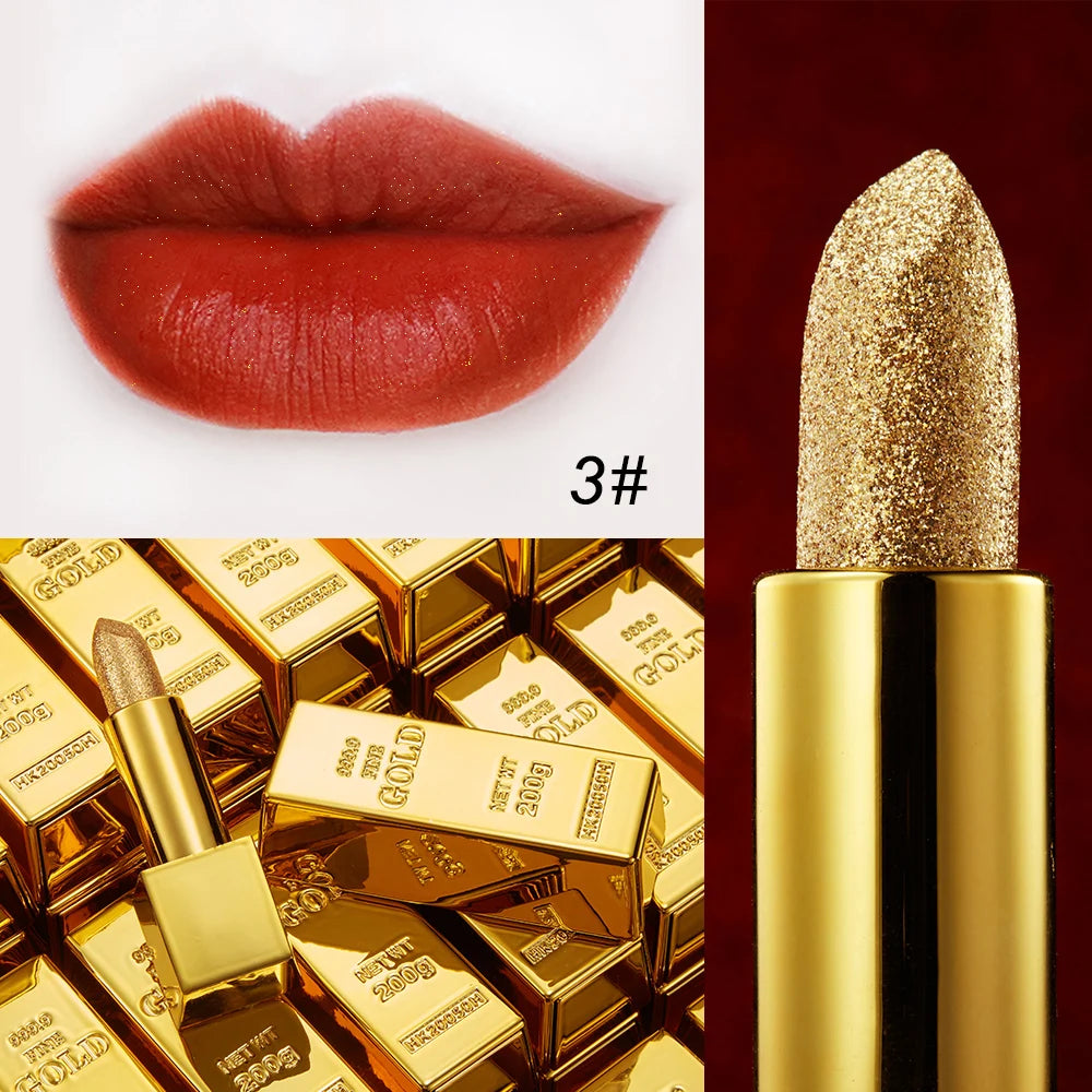 Rouge à Lèvres Glitter Hydratant Velours Mat Or – Waterproof Longue Tenue | Lèvres Brillantes Rouge Sexy Cosmétique Pigmenté