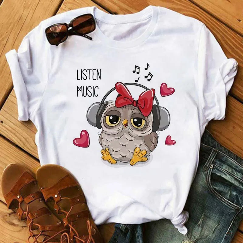 T-Shirt Femme Hibou Kawaii 🦦 – Style Harajuku Japonais | Graphic Tee Cute Manches Courtes