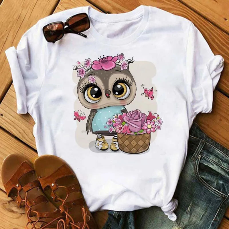 T-Shirt Femme Hibou Kawaii 🦦 – Style Harajuku Japonais | Graphic Tee Cute Manches Courtes