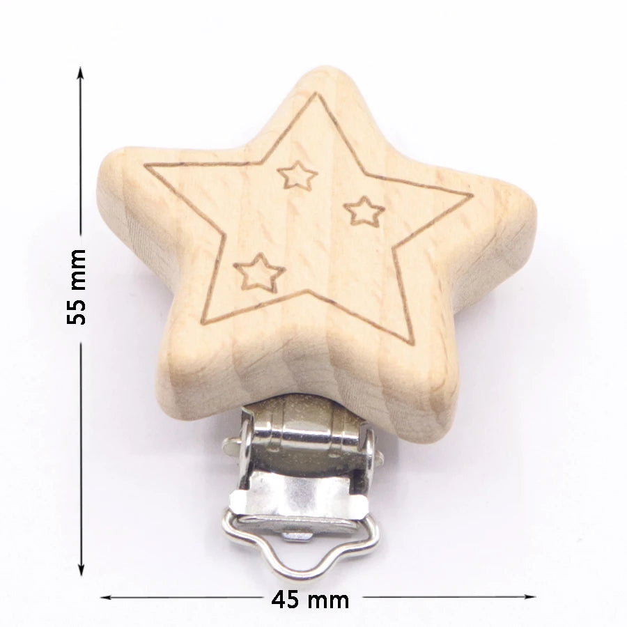Los 5 Schnullerclips Holz Tiere – Schnullerkette Hase Elefant Stern Beißring Baby