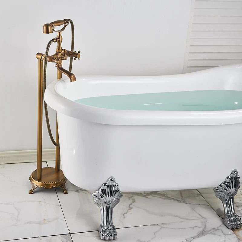 Robinet Baignoire Ìlot Sol Laiton Antique – Double Poignée, Bec Pivotant & Douchette | Style Vintage Salle de Bain