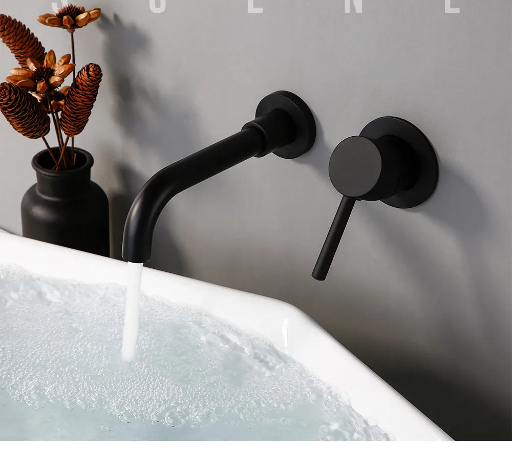 Robinet Lavabo Mural Noir Mat Mono-Commande – Bec 150/210/260mm au Choix | Mitigeur Encastré Salle de Bain