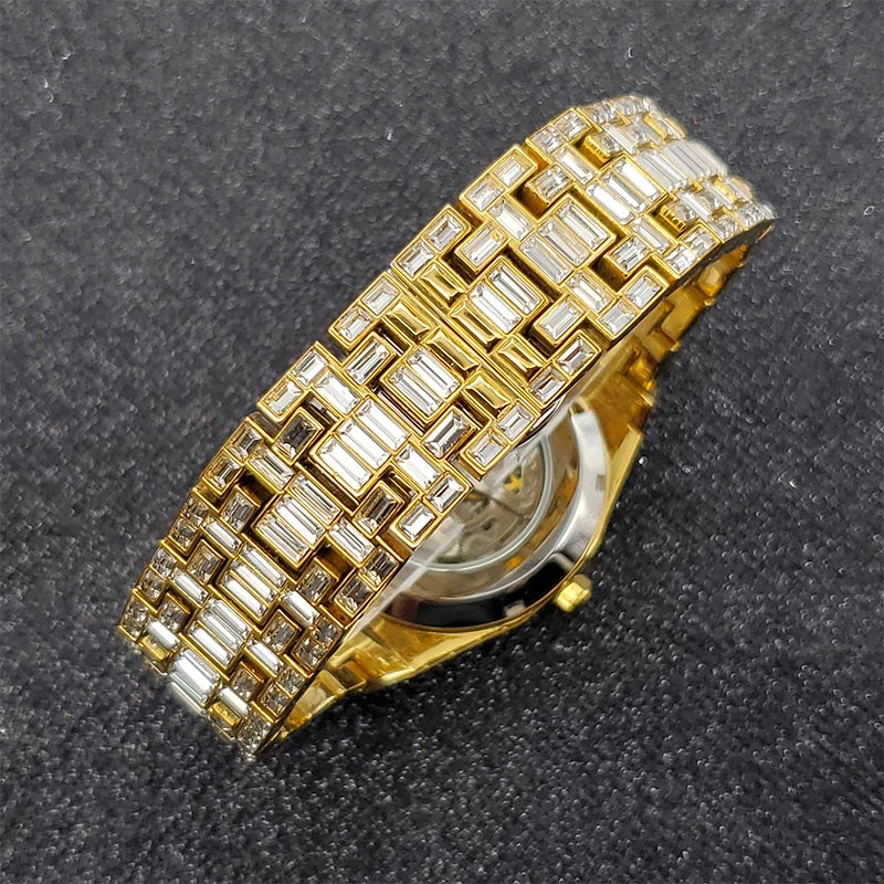 Montre Homme Squelette Or Baguette Automatique – Diamond Lumineux Luxe Étanche Collector
