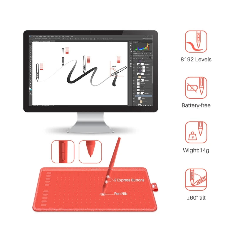 HUION HS611 Tablette Graphique – Stylet Sans Pile Fonction Inclinaison | 3 Couleurs, Touches Multimédia & Barre Media