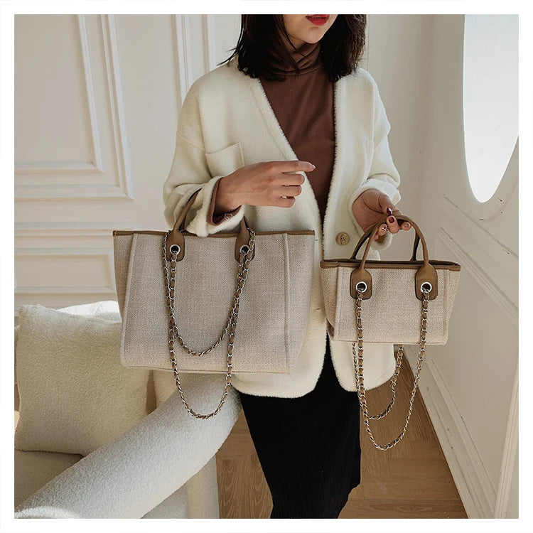 Tote Bag Femme Toile Grande Capacité – Cabas Shopping Chaînes Épaule Messenger Casual