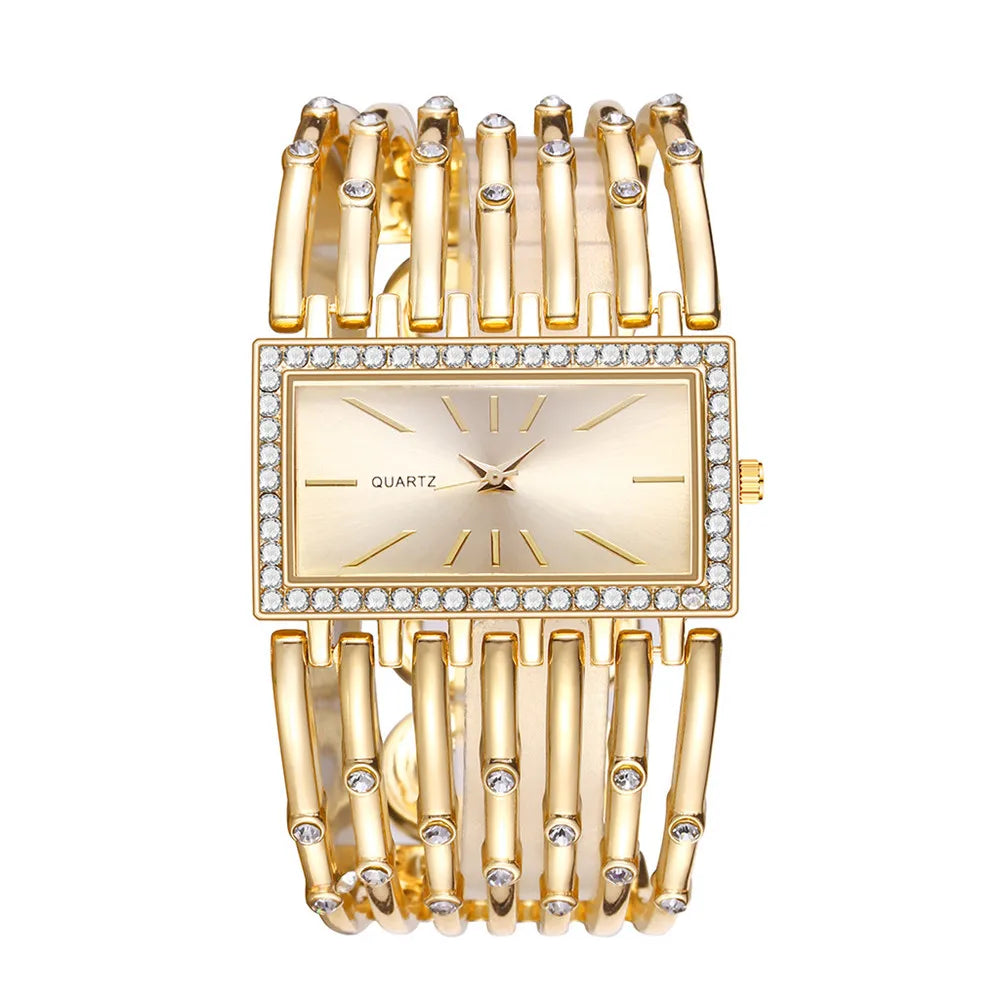 Montre Femme Diamant Rectangle Or 2025 – Bracelet Alliage Doré Quartz Luxe Cadeau