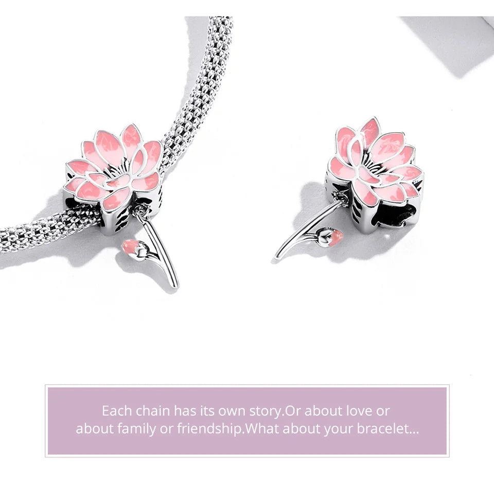 Charm Argent 925 Fleur de Lotus Rose Bamoer – Pendentif Sac & Bracelet DIY | Bijou Fin Femme Premium Élégant & Symbolique