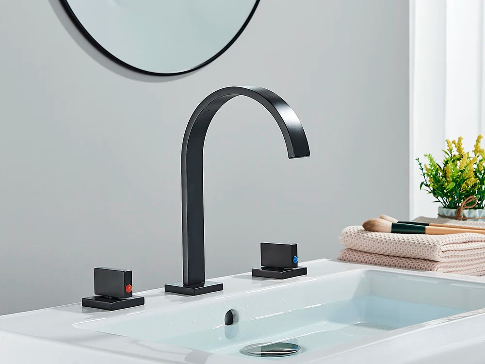 Robinet Lavabo Noir 3 Trous Double Poignée – Mitigeur Eau Chaude & Froide, Chrome | Vasque Salle de Bain