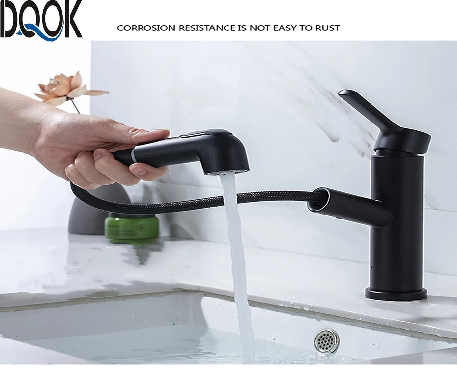 DQOK Robinet Lavabo Extractible Chrome & Noir – Laiton, Douchette Escamotable, Mitigeur Moderne | Vasque Salle de Bain
