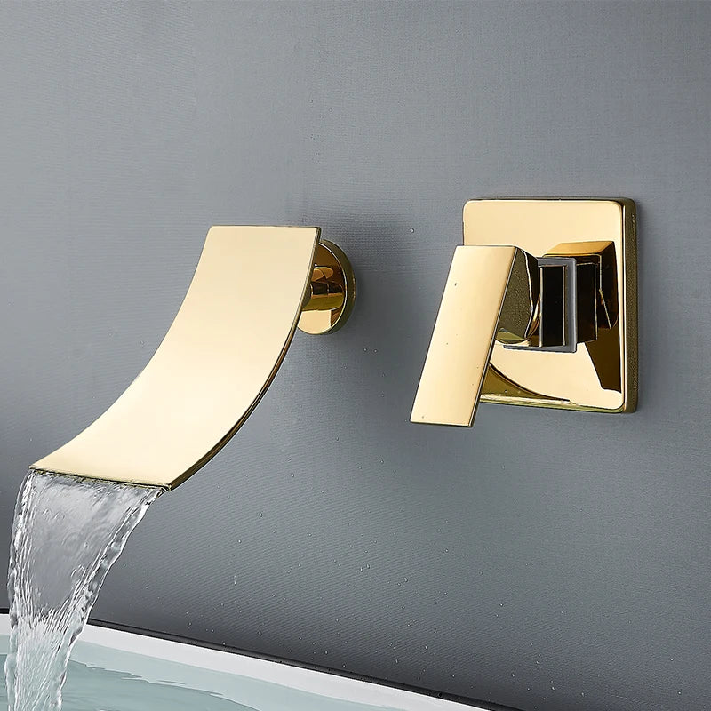 Rozin Robinet Lavabo Cascade Mural – Chrome & Noir Mat, Mitigeur Mono-Commande | Eau Chaude & Froide Salle de Bain